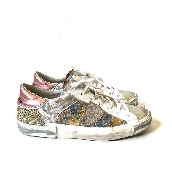 Philippe Model Paris PRSX Sneakers Trainers Womens 38 8 Blue Gold Pink Leather - Picture 1 of 12